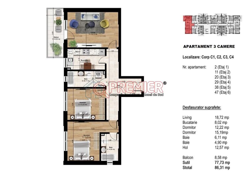 Popesti Leordeni, vanzare apartament 3 camere